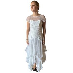 Vintage Night Moves New York White Lace sheer high low ruffled dress size Small